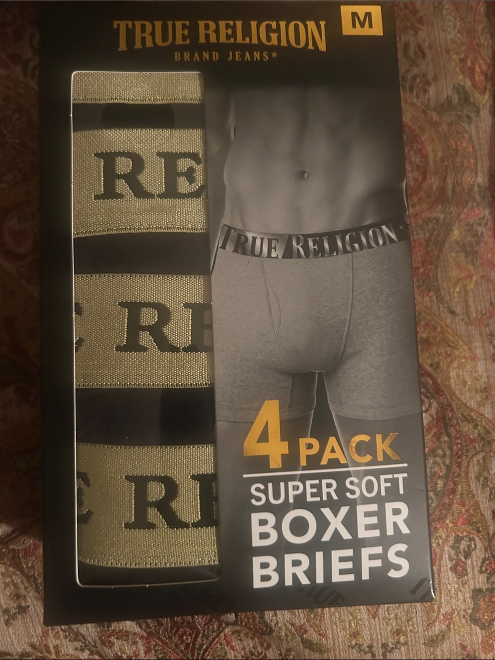 True Religion Men's Boxer Briefs 4-Pack — Gray with Gold Waistband